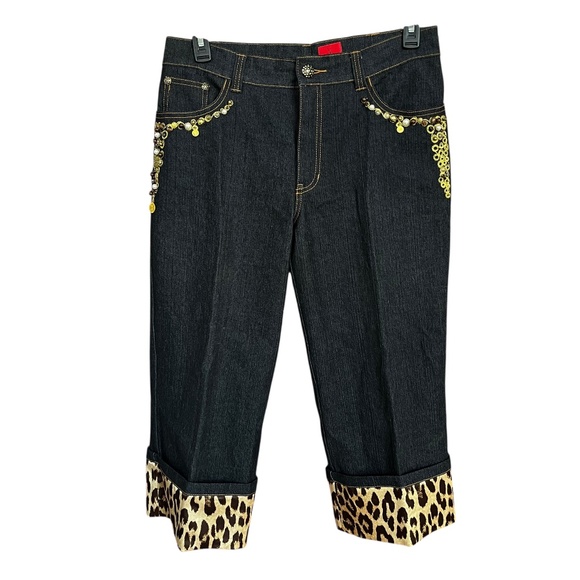 V Cristina Black Denim Animal Print Cuff Embellished Trim Capri Jeans SZ 12P - Picture 1 of 11